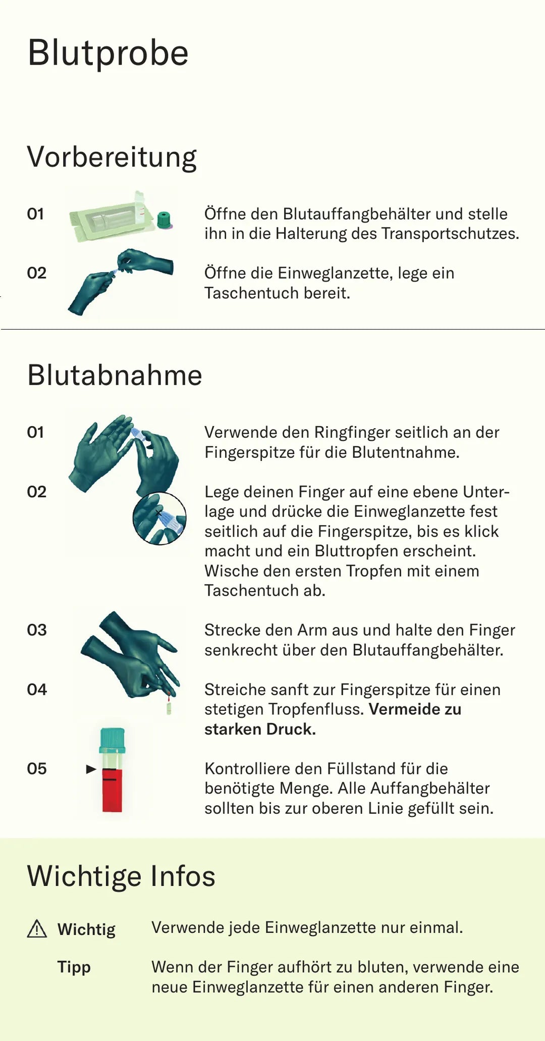 Blutprobe: Vorbereitung des Behälters und Blutabnahme am Ringfinger, Auffangbehälter bis zur oberen Linie füllen.