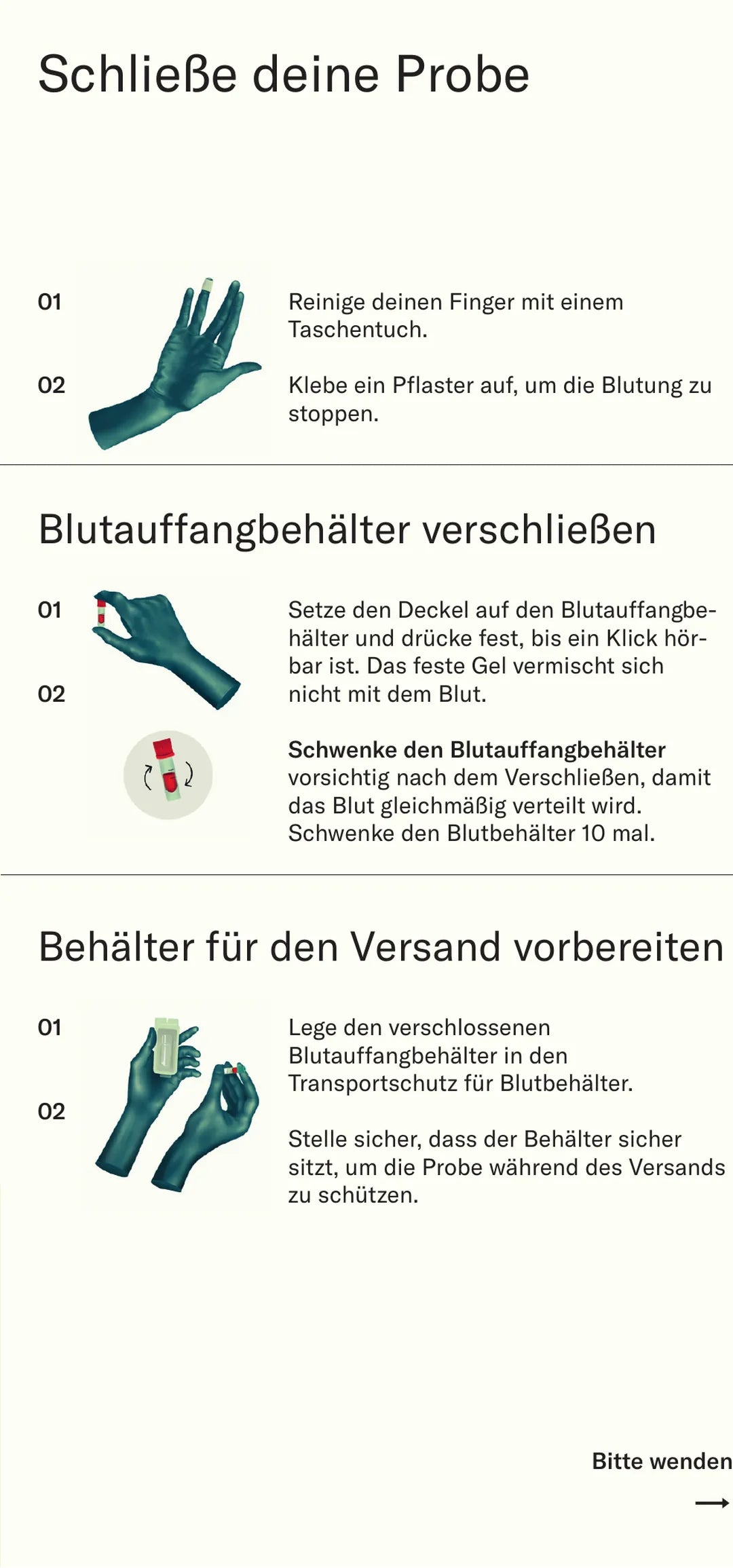 Schließe deine Probe: Finger versorgen, Blutauffangbehälter verschließen und für den Versand im Transportschutz sichern.