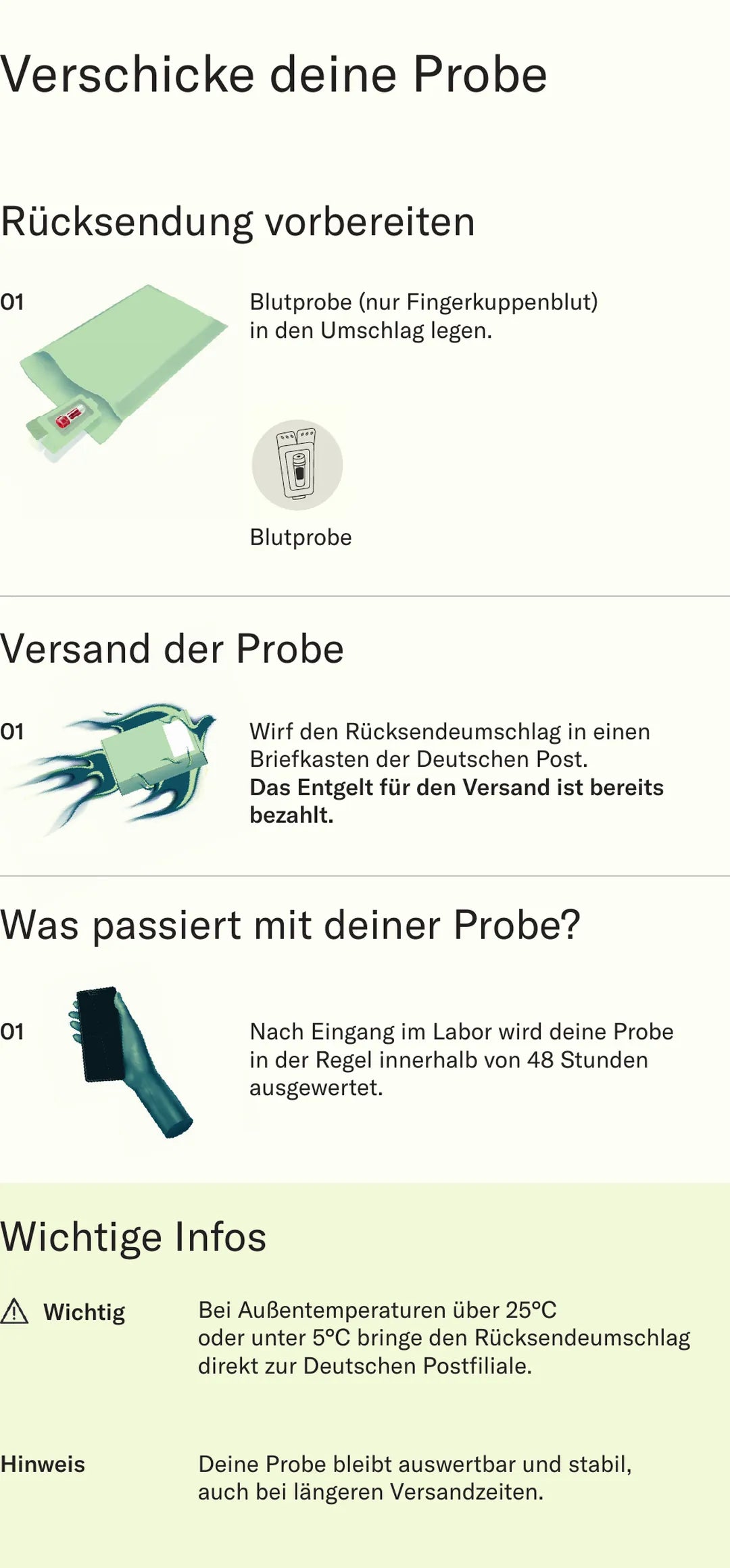 Verschicke deine Probe: Rücksendeumschlag vorbereiten und in einen Briefkasten der Deutschen Post werfen, Porto ist bereits bezahlt.