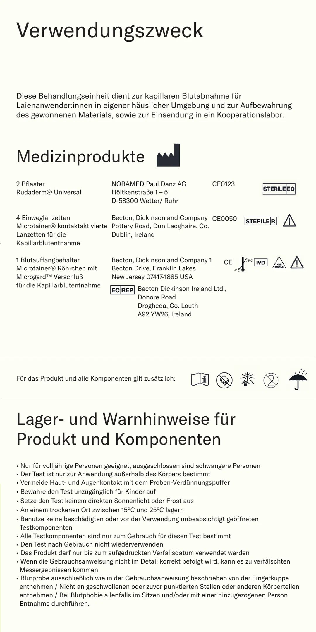 Verwendungszweck, enthaltene Medizinprodukte sowie Lager- und Warnhinweise für Produkt und Komponenten.